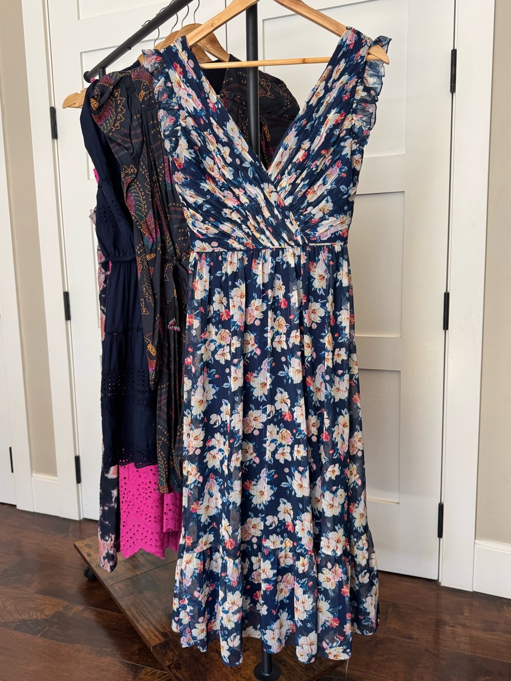 IEENA for Mac Duggal Navy Blue Floral Midi Dress Size 0 Chiffon Fit Flare